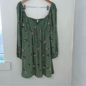 Green Floral Boho Long Sleeve Mini Dress